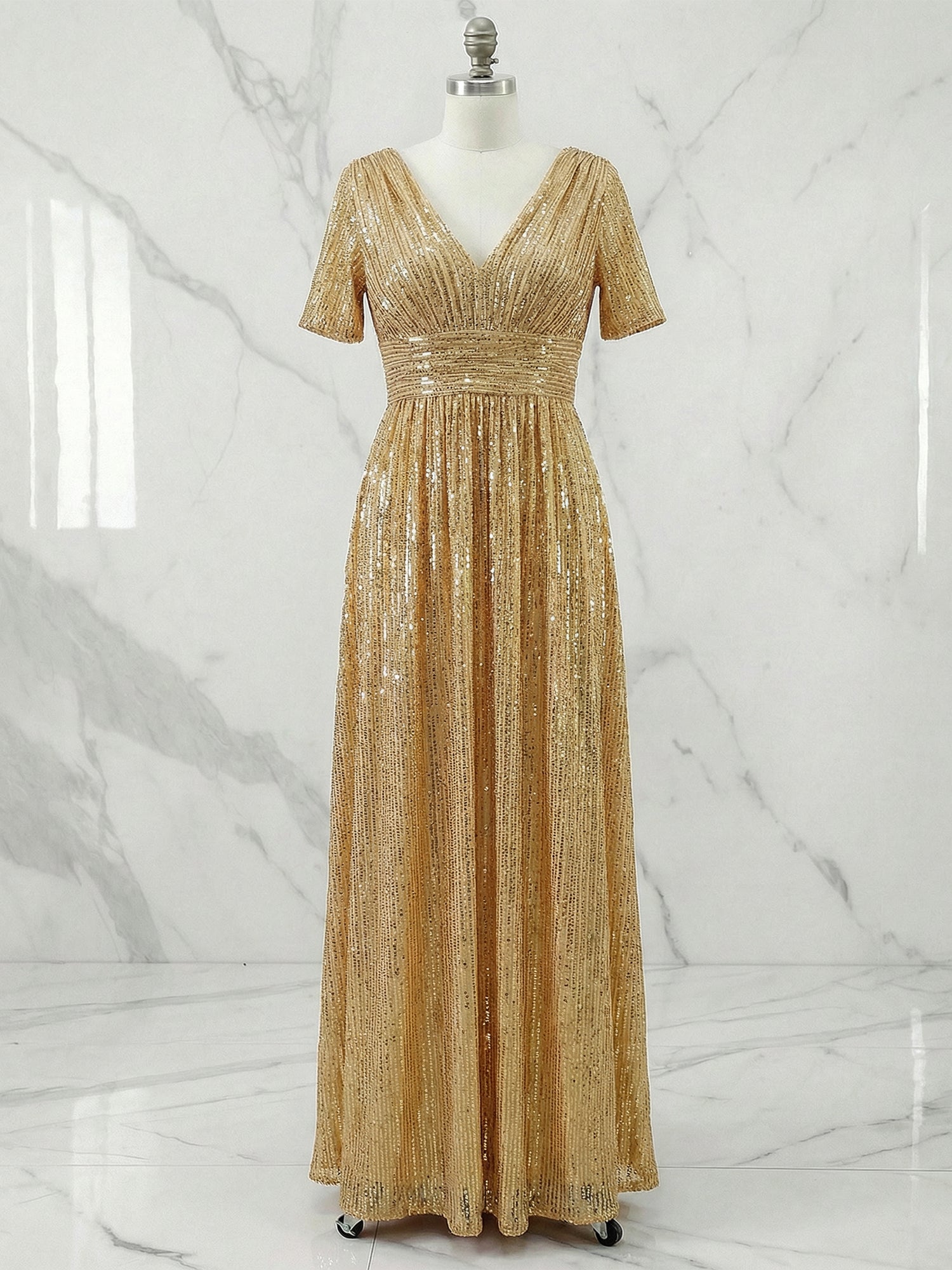 Formal Evening Gold V-Neck Sequins Maxi Dress Gown