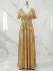 Formal Evening Gold V-Neck Sequins Maxi Dress Gown