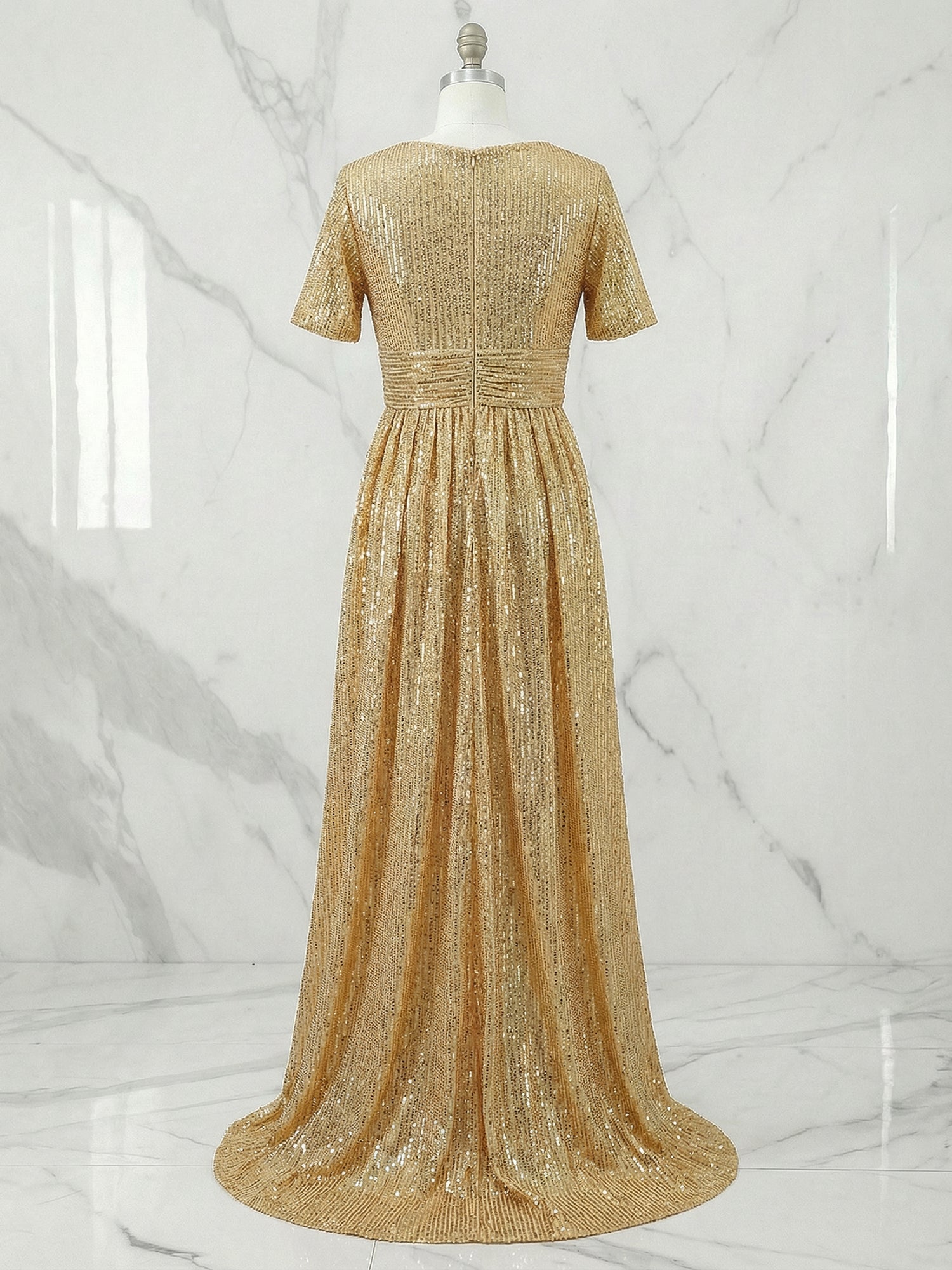 Formal Evening Gold V-Neck Sequins Maxi Dress Gown