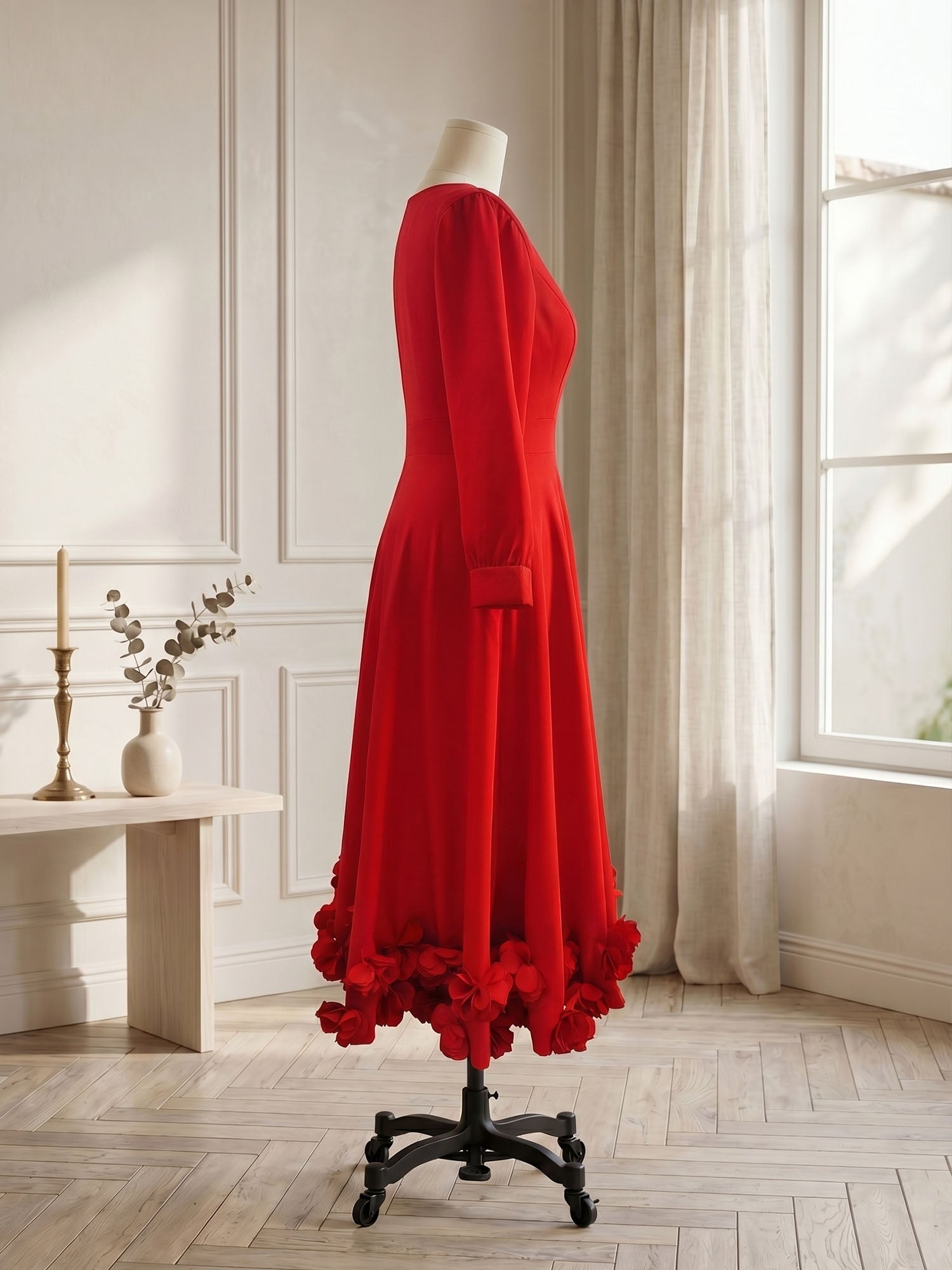 Formal Evening Gown Crimson 3D Rose Hem A-Line Midi Dress