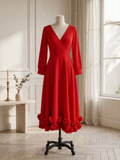 Formal Evening Gown Crimson 3D Rose Hem A-Line Midi Dress