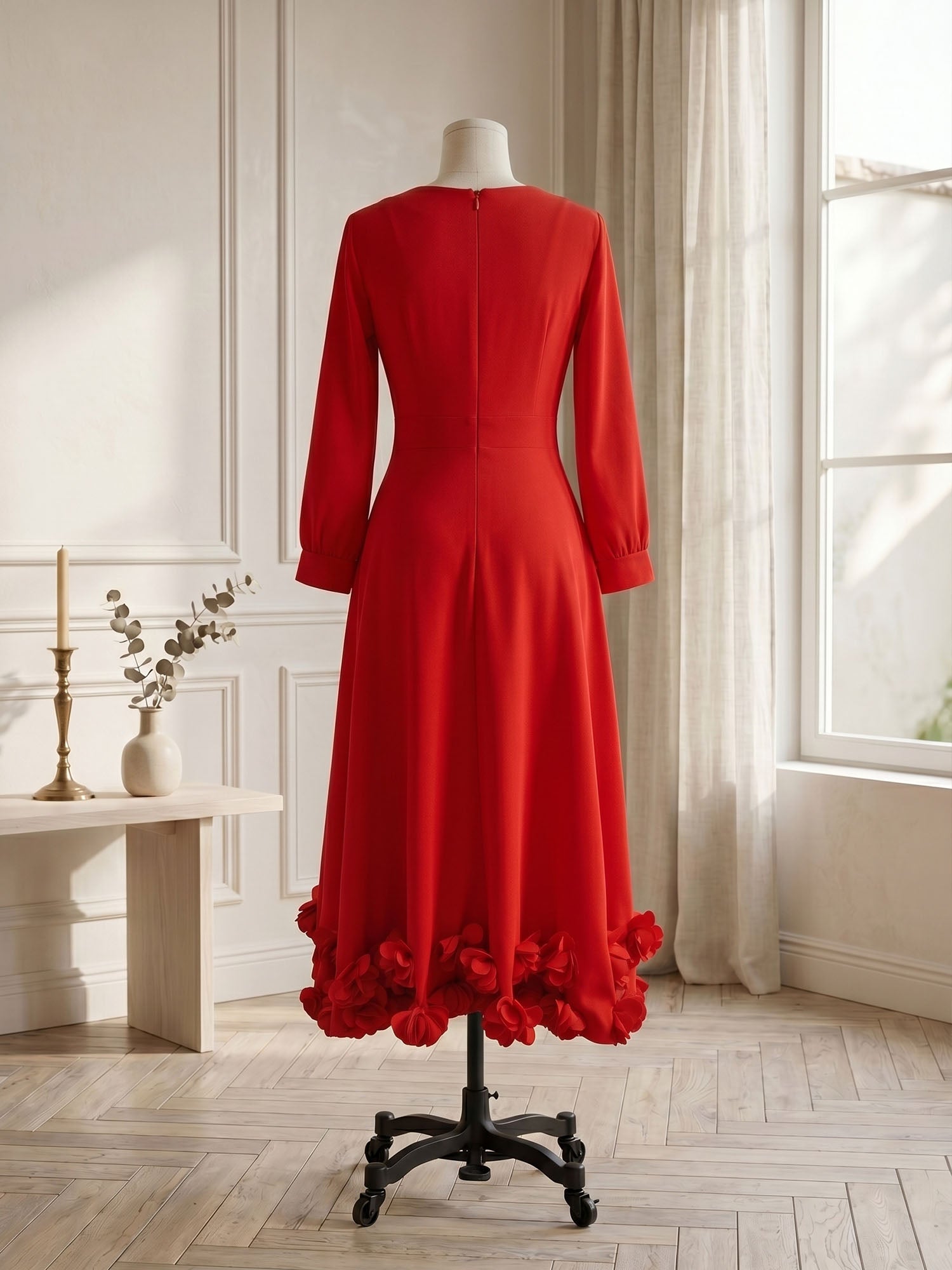 Formal Evening Gown Crimson 3D Rose Hem A-Line Midi Dress