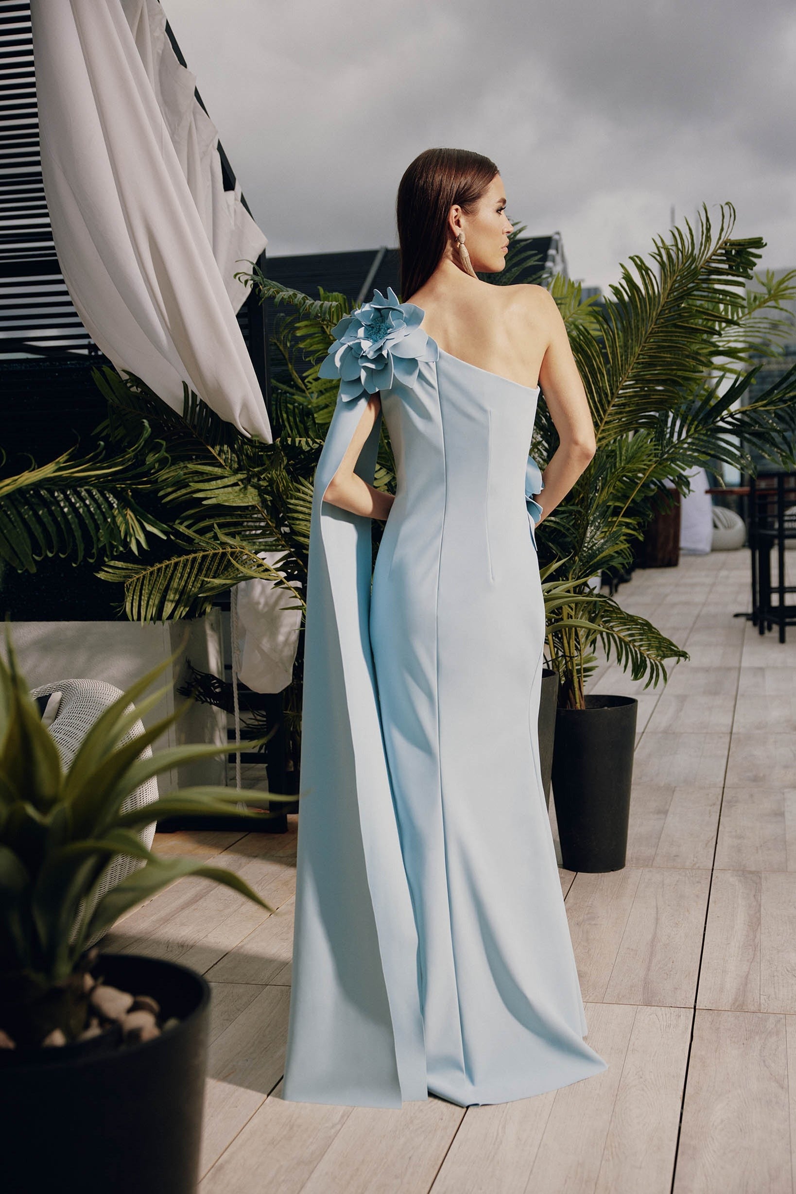 Sky Blue One-Shoulder Formal Gown with Applique Flowers
