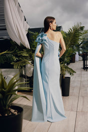 Sky Blue One-Shoulder Formal Gown with Applique Flowers