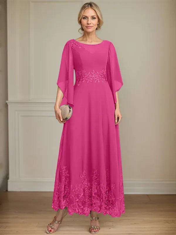 Robe de mère de la mariée trapèze en mousseline de soie et dentelle, longueur cheville, décolleté en V, illusion, avec paillettes 