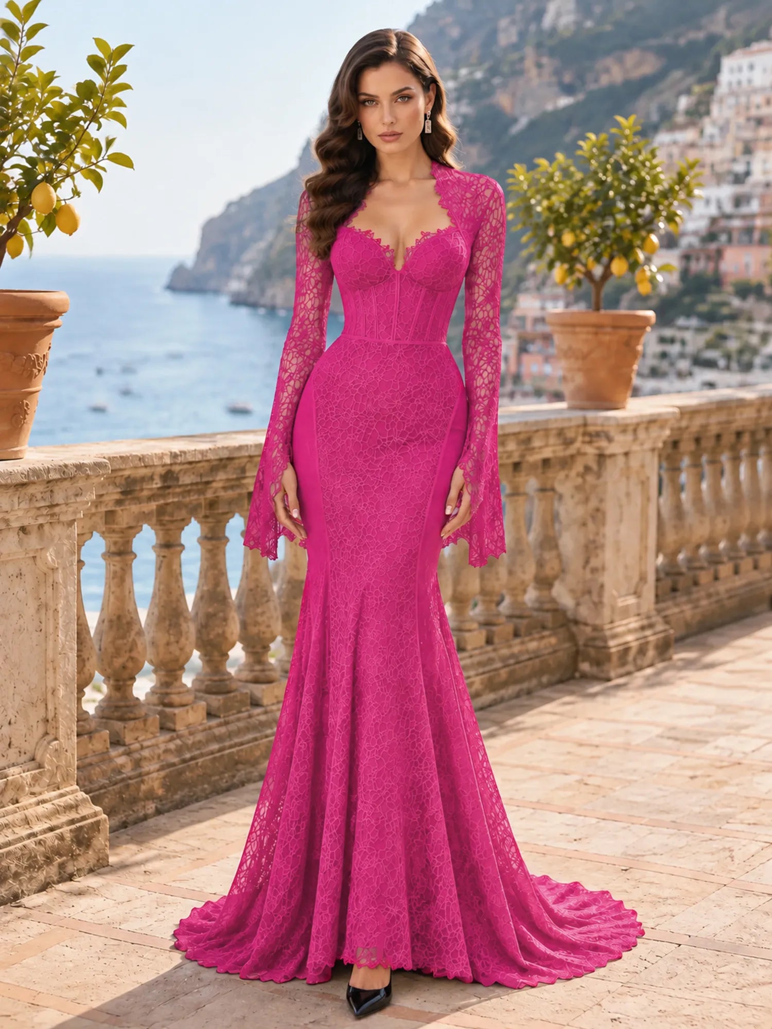 Long-Sleeve Lace-Trimmed Mermaid Evening Dress