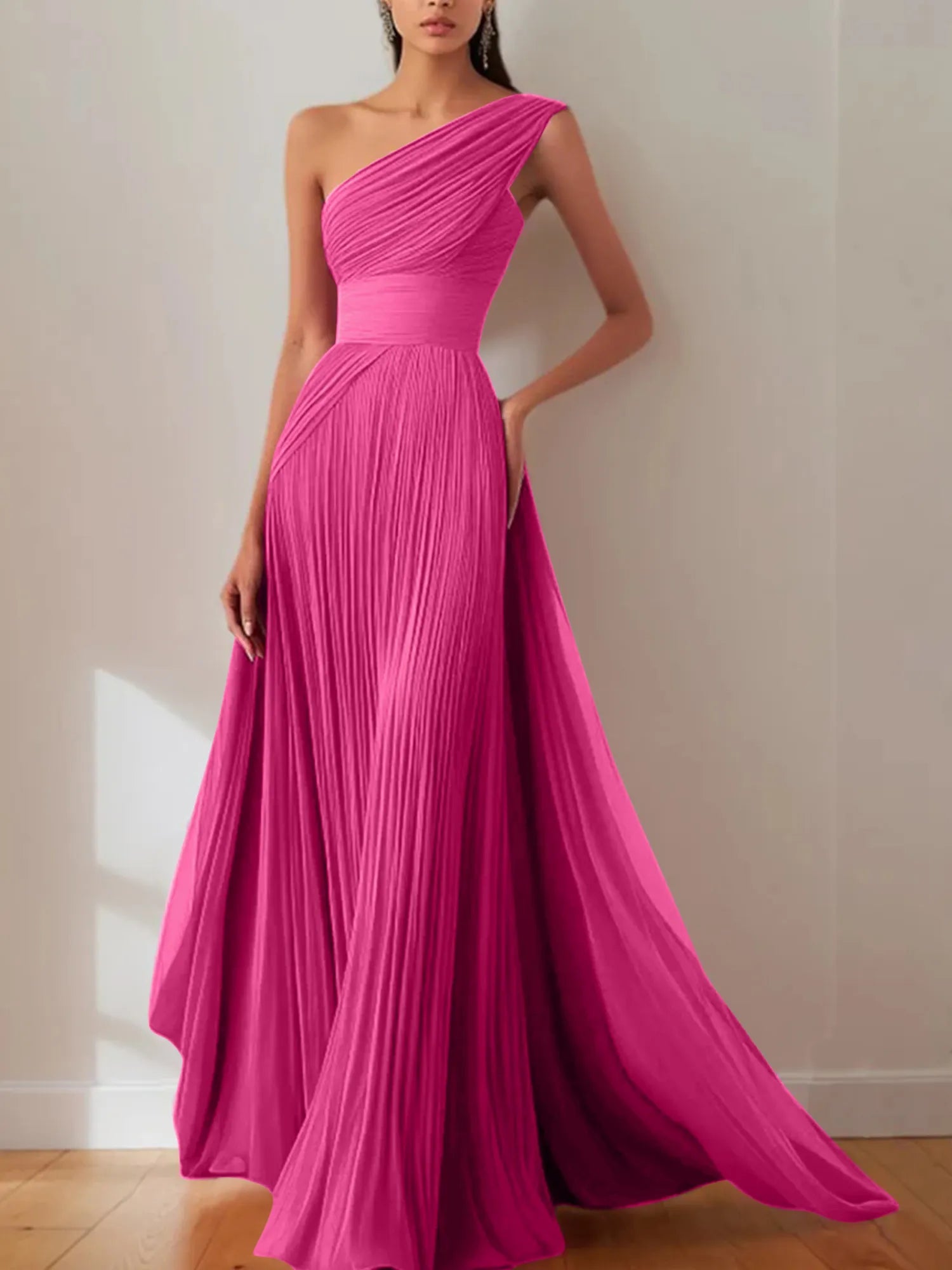Prom Formal Pleated Dress Rose Color One-Shoulder Maxi Dress