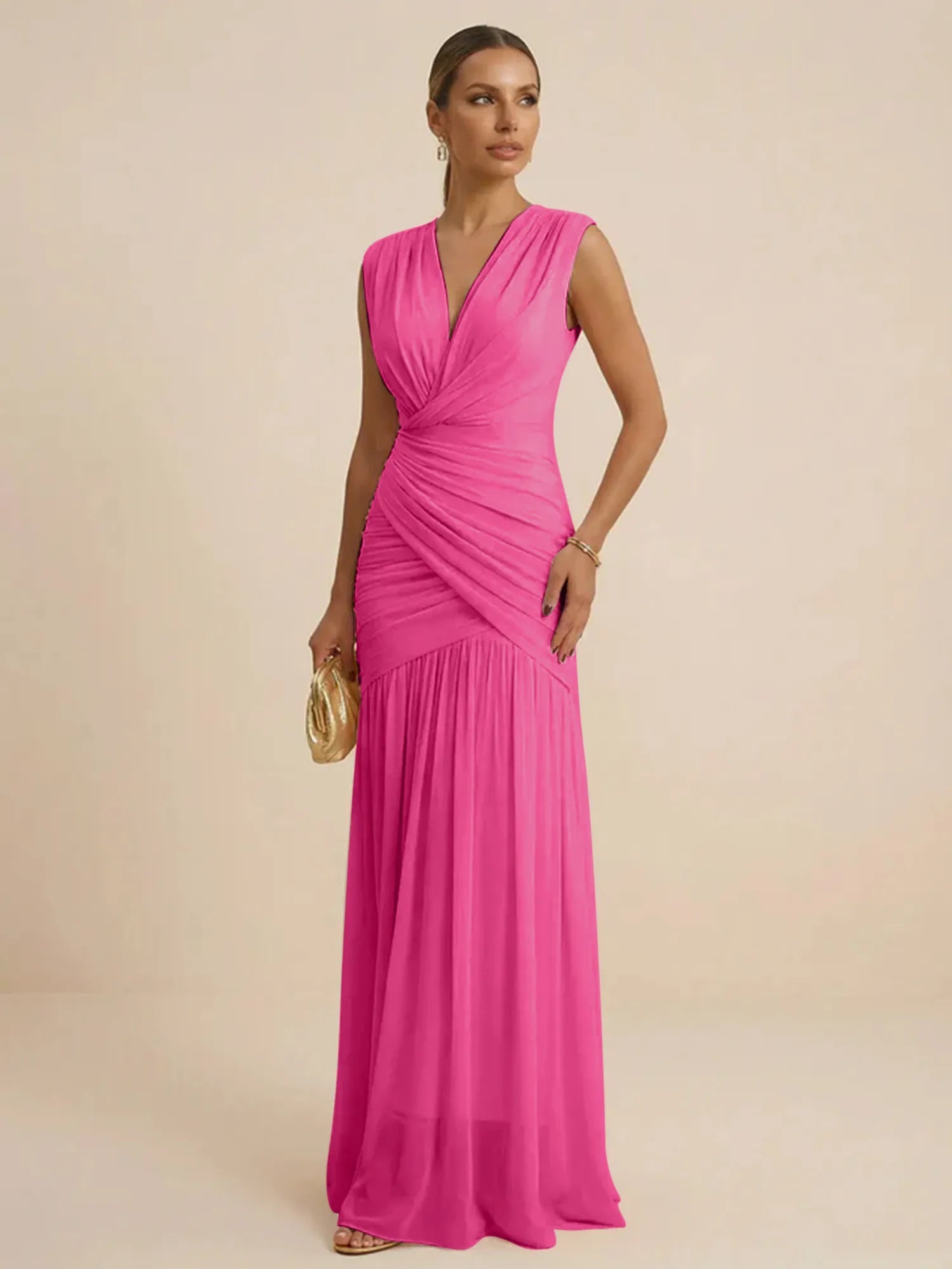 Pink Regular Straps V Neck Chiffon Pleat Mermaid Maxi Dress