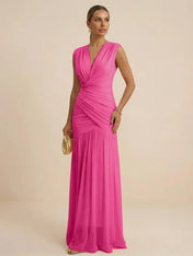 Pink Regular Straps V Neck Chiffon Pleat Mermaid Maxi Dress