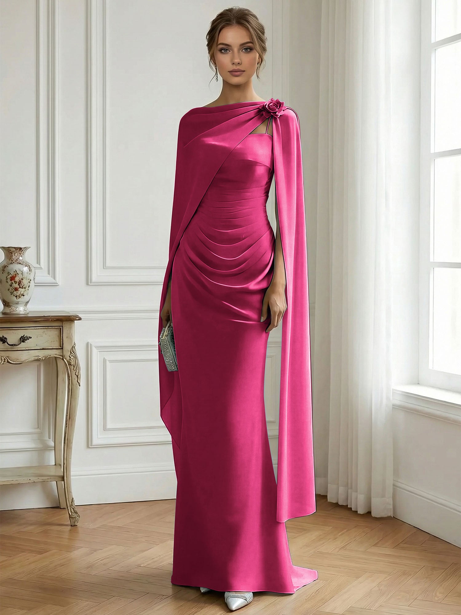 Formal Evening Gown Ice Blue Ruched Satin Maxi Dress with Sheer Floral Cape