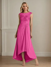 Champagne A-Line Scoop Lace Chiffon Dress