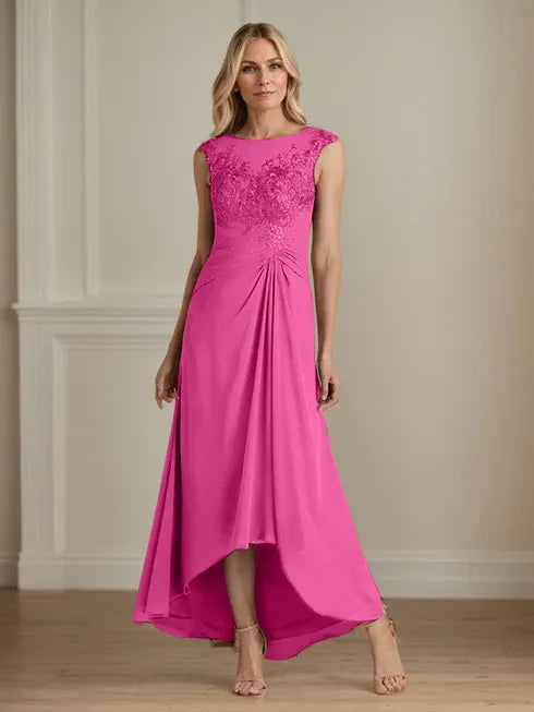 Champagne A-Line Scoop Lace Chiffon Dress