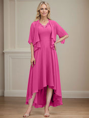 A-line V-Neck Asymmetrical Chiffon Mother of the Bride Dress With Beading Sequins
