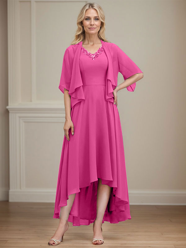 A-line V-Neck Asymmetrical Chiffon Mother of the Bride Dress With Beading Sequins
