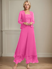 Separates Jumpsuit/Pantsuit Square Ankle-Length Lace Chiffon Mother of the Bride Dress With Sequins
