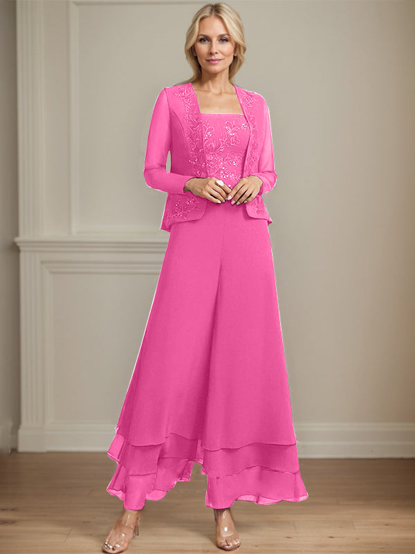Robe de mère de la mariée en mousseline de soie, longueur cheville, avec sequins, combinaison/tailleur carré 