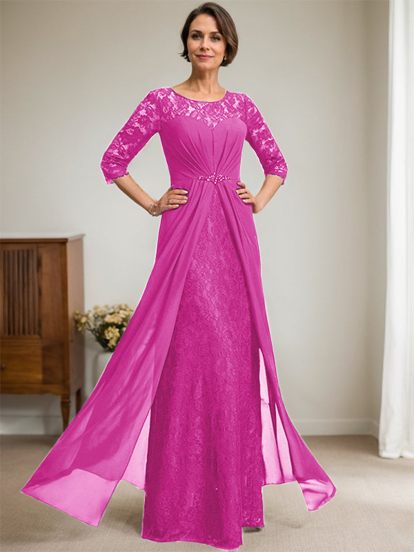 A-Line Scoop Illusion Floor-Length Lace Chiffon Mother Of the Bride Dress With Beading Ruffles