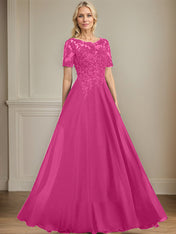A-line Scoop Illusion Floor-Length Chiffon Lace Mother of the Bride Dress With Sequins Beading