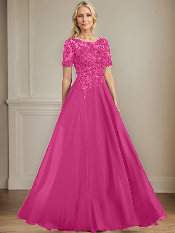 A-line Scoop Illusion Floor-Length Chiffon Lace Mother of the Bride Dress With Sequins Beading