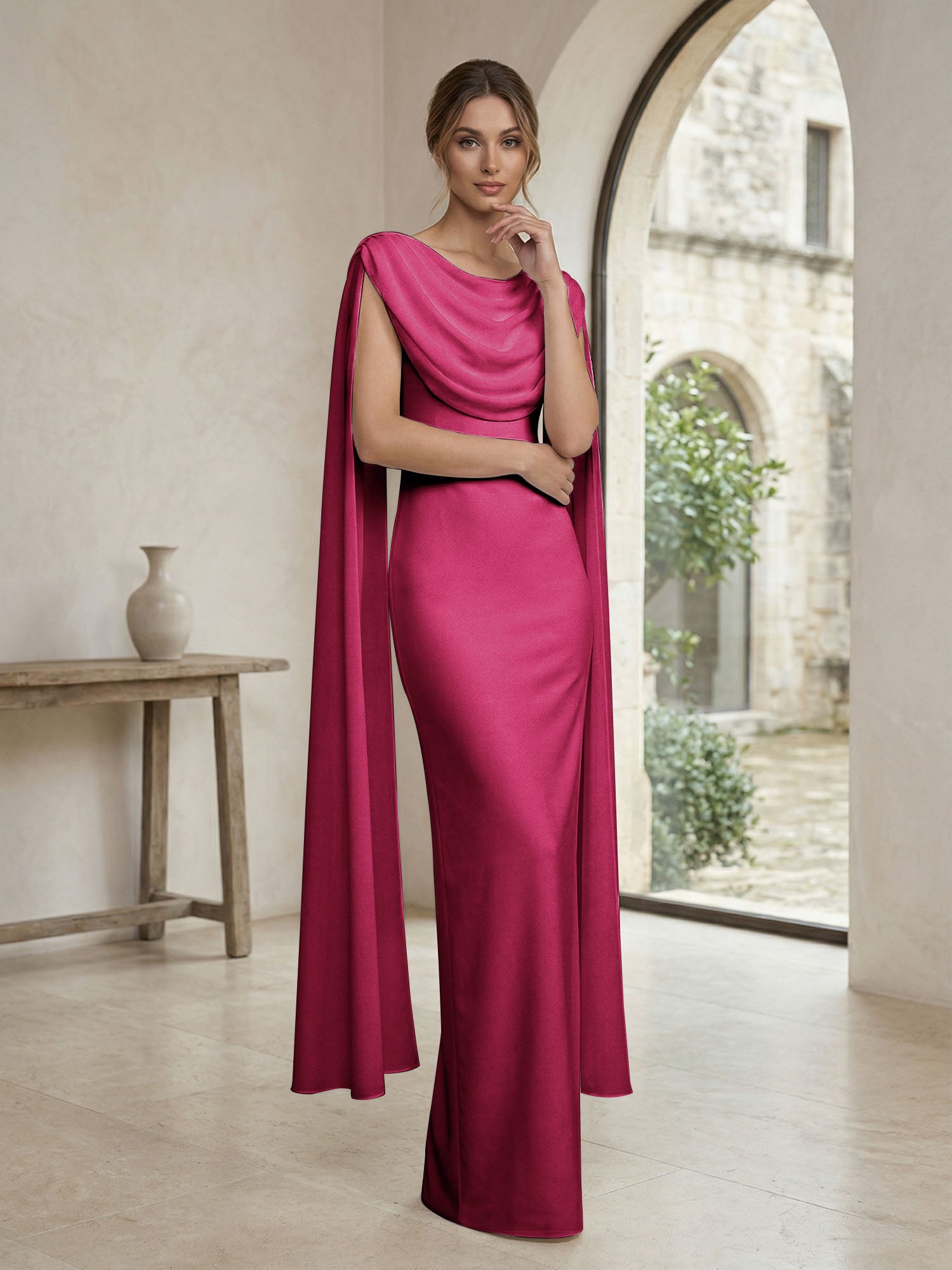 Ivory Draped Cowl Neck Cape Gown Maxi Dress