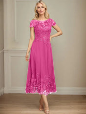 A-line Illusion Scoop Tea-Length Lace Chiffon Mother of the Bride Dress With Sequins