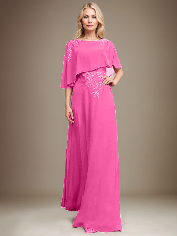 A-line Scoop Floor-Length Chiffon Lace Mother of the Bride Dress With Sequins Beading
