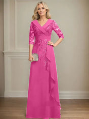 A-line Collared V-Neck Floor-Length Lace Chiffon Mother of the Bride Dress With Sequins Cascading Ruffles
