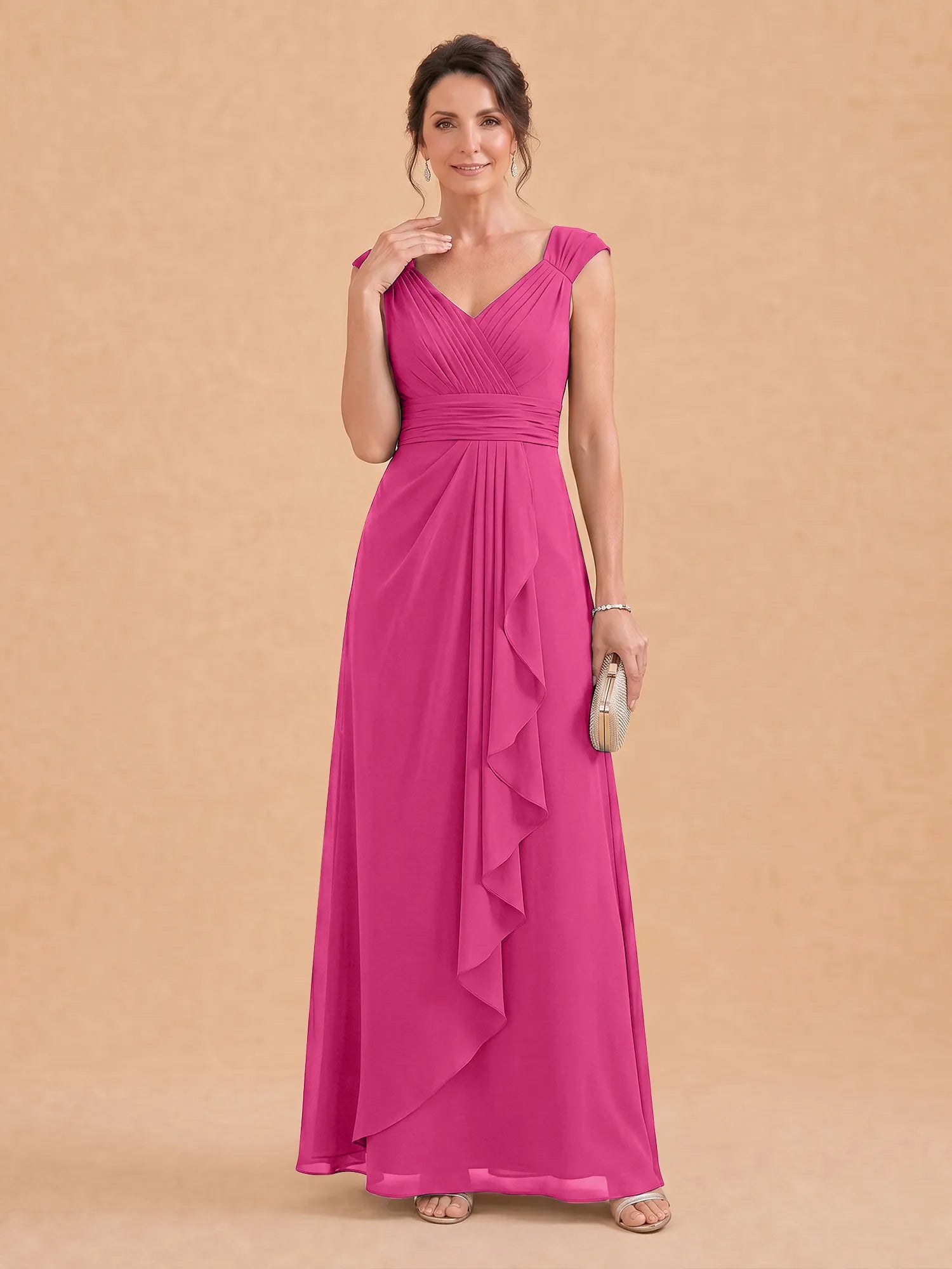 V-Neck Ruched Chiffon A-Line Mother of the Bride Dress with Cascading Ruffle