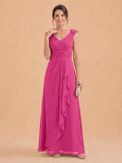 V-Neck Ruched Chiffon A-Line Mother of the Bride Dress with Cascading Ruffle