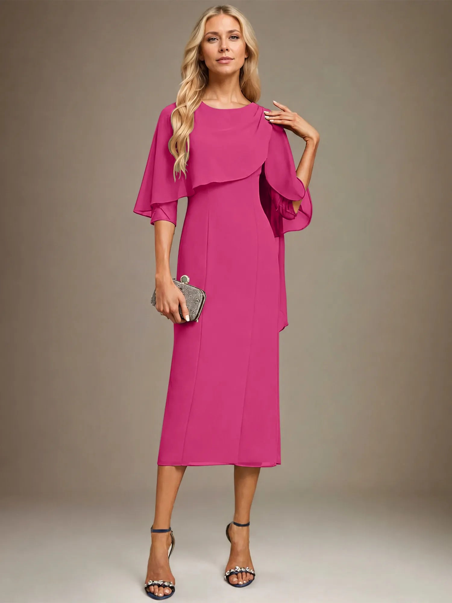 Sheath/Column Scoop Tea Length Chiffon Dress With Pleated Beading