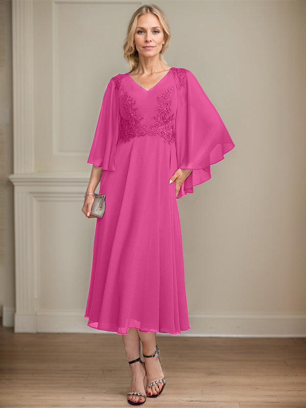 A-line V-Neck Tea-Length Chiffon Lace Mother of the Bride Dress With Beading Sequins