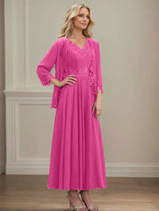 A-line V-Neck Ankle-Length Chiffon Mother of the Bride Dress With Sequins Appliques Lace Beading