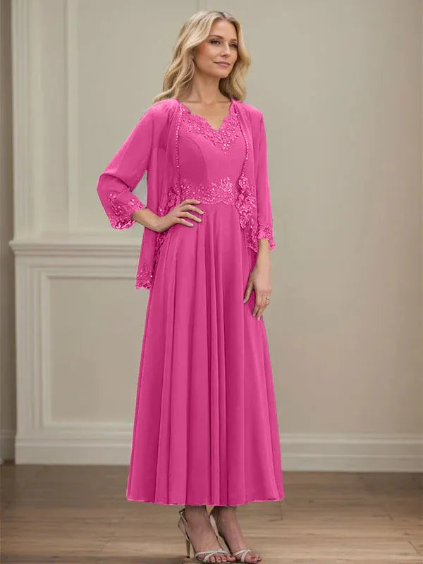 A-line V-Neck Ankle-Length Chiffon Mother of the Bride Dress With Sequins Appliques Lace Beading