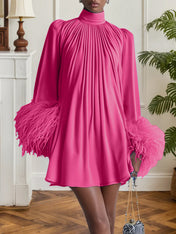 Blue Feather Ruched Chiffon Mock Neck Long Sleeve A-Line Mini Dress