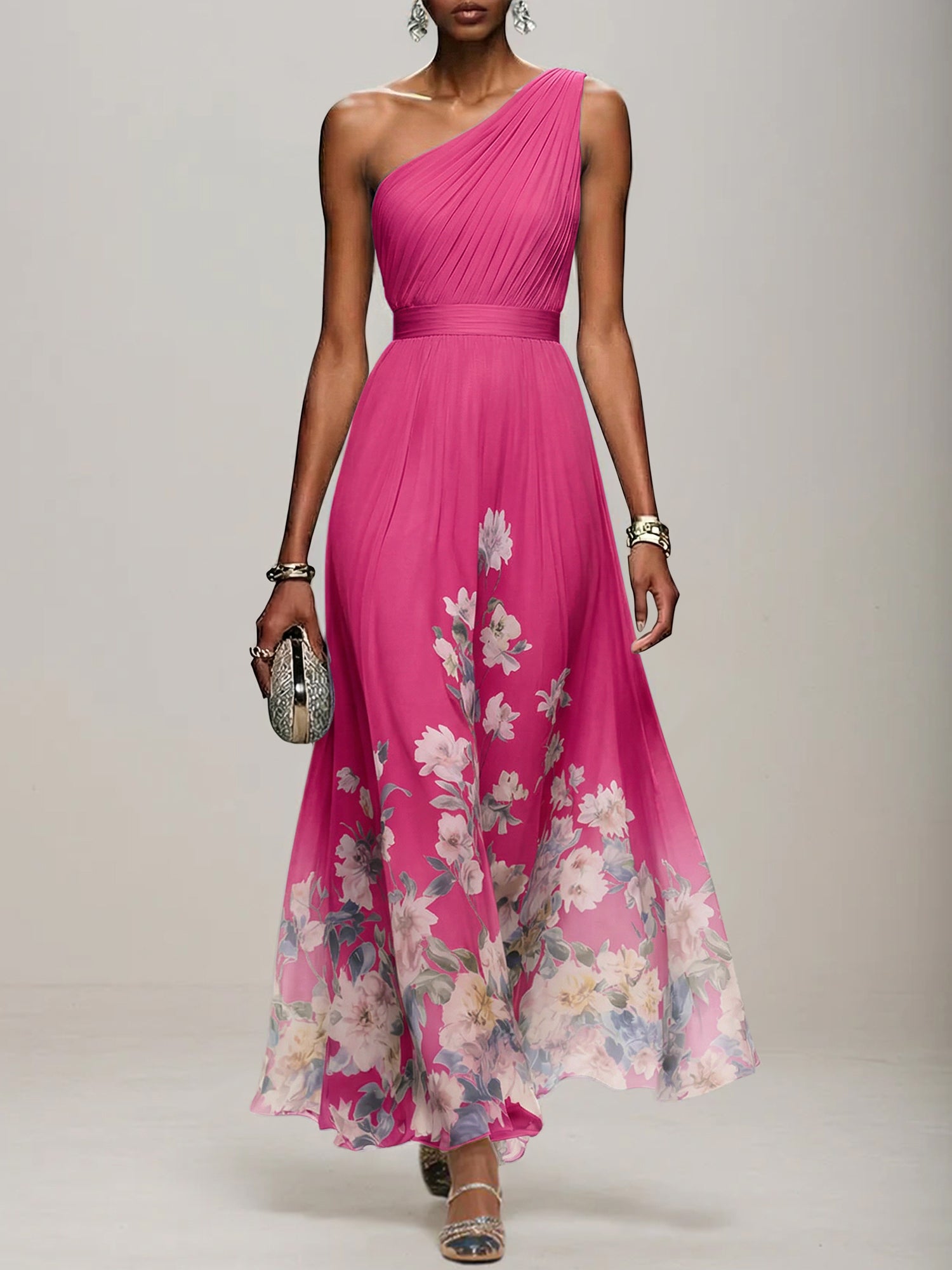 Light Blue Floral Chiffon One Shoulder Sleeveless A-Line Maxi Dress Gown
