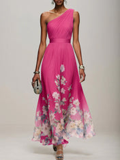 Light Blue Floral Chiffon One Shoulder Sleeveless A-Line Maxi Dress Gown