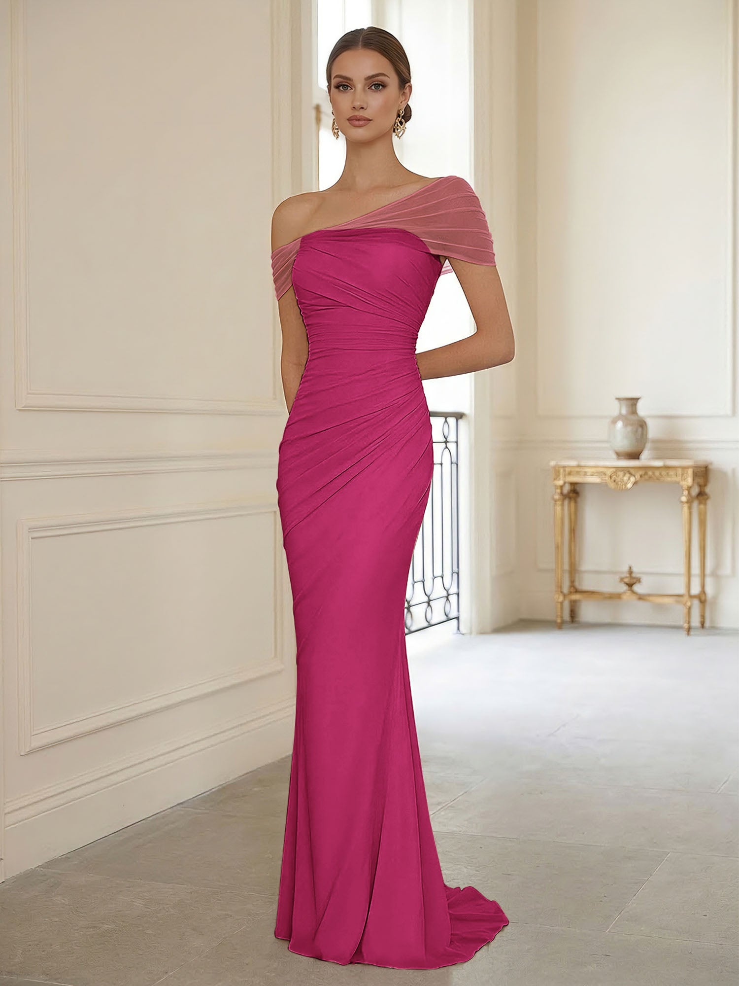 Sophisticated Blush Pink Asymmetrical Ruched Maxi Dress Evening Gown
