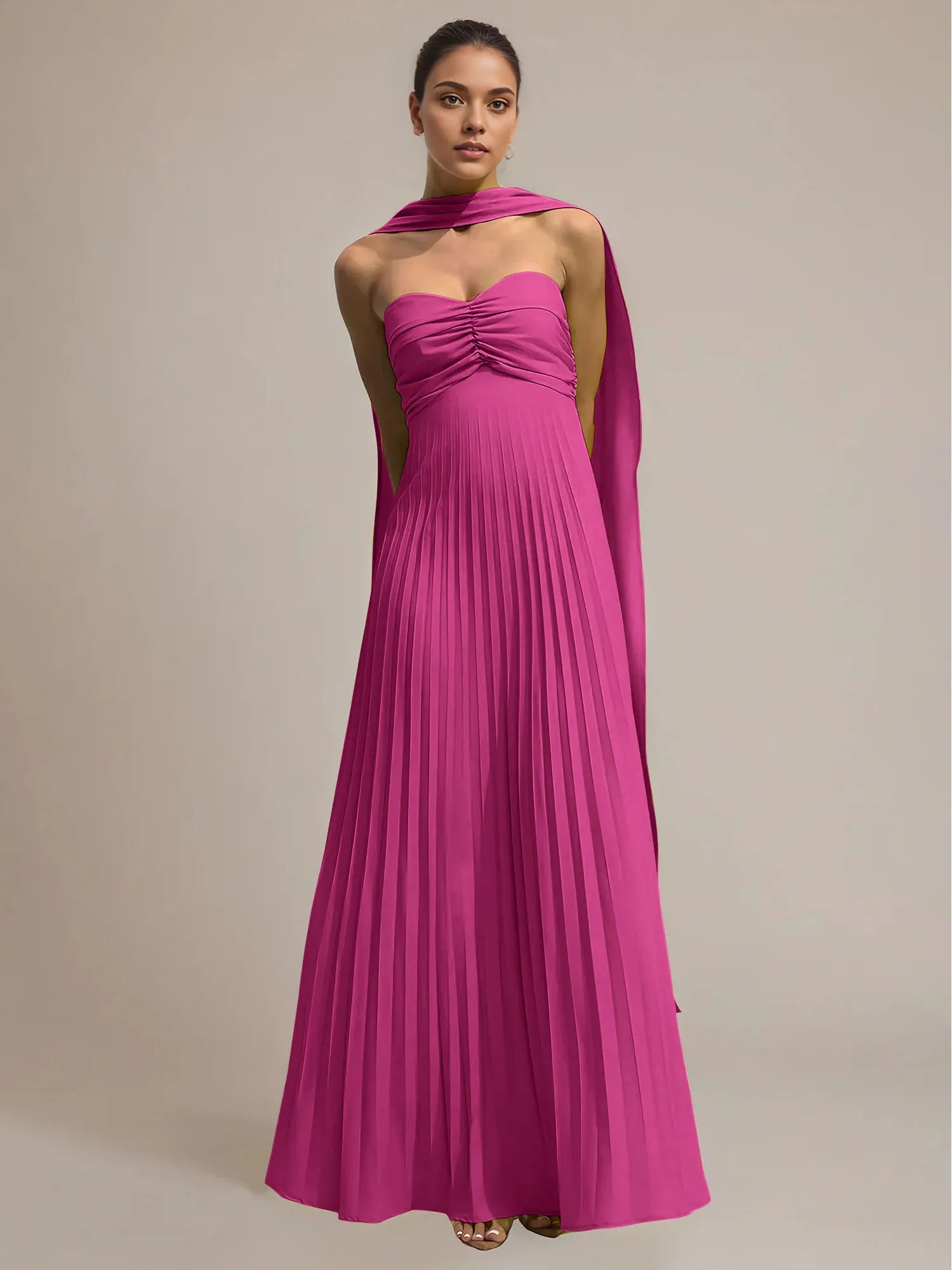 Green Chiffon A Line Off The Shoulder Sleeveless Floor Length Pleated Dress