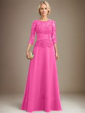 A-line Scoop Illusion Floor-Length Chiffon Lace Mother of the Bride Dress With Pleated Sequins Beading