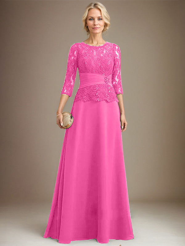 A-line Scoop Illusion Floor-Length Chiffon Lace Mother of the Bride Dress With Pleated Sequins Beading