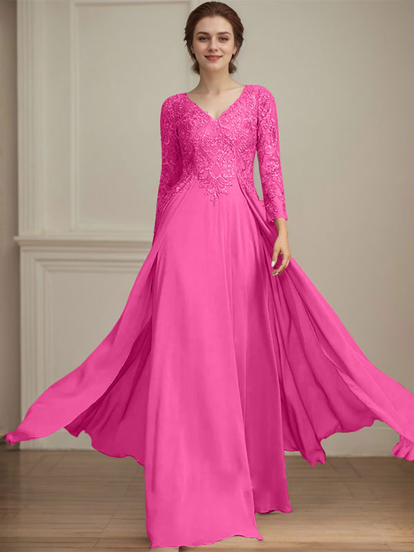 A-line V-Neck Floor-Length Lace Chiffon Mother of the Bride Dress With Sequins