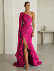 Glamorous Midnight Navy Formal Evening Dress One-Shoulder Ruched Cape Gown