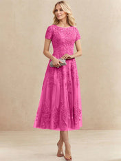 A-line Scoop Tea-Length Tulle Lace Mother of the Bride Dress