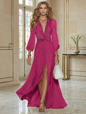 Elegant Beige Chiffon V-neck With Rhinestone Embellishments And A Side Slit Maxi Dress