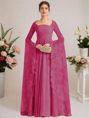 A-line Square Floor-Length Chiffon Lace Evening Dress With Beading Pleated