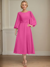 A-line Scoop Tea-Length Chiffon Mother of the Bride Dress With Crystal Brooch Pleated