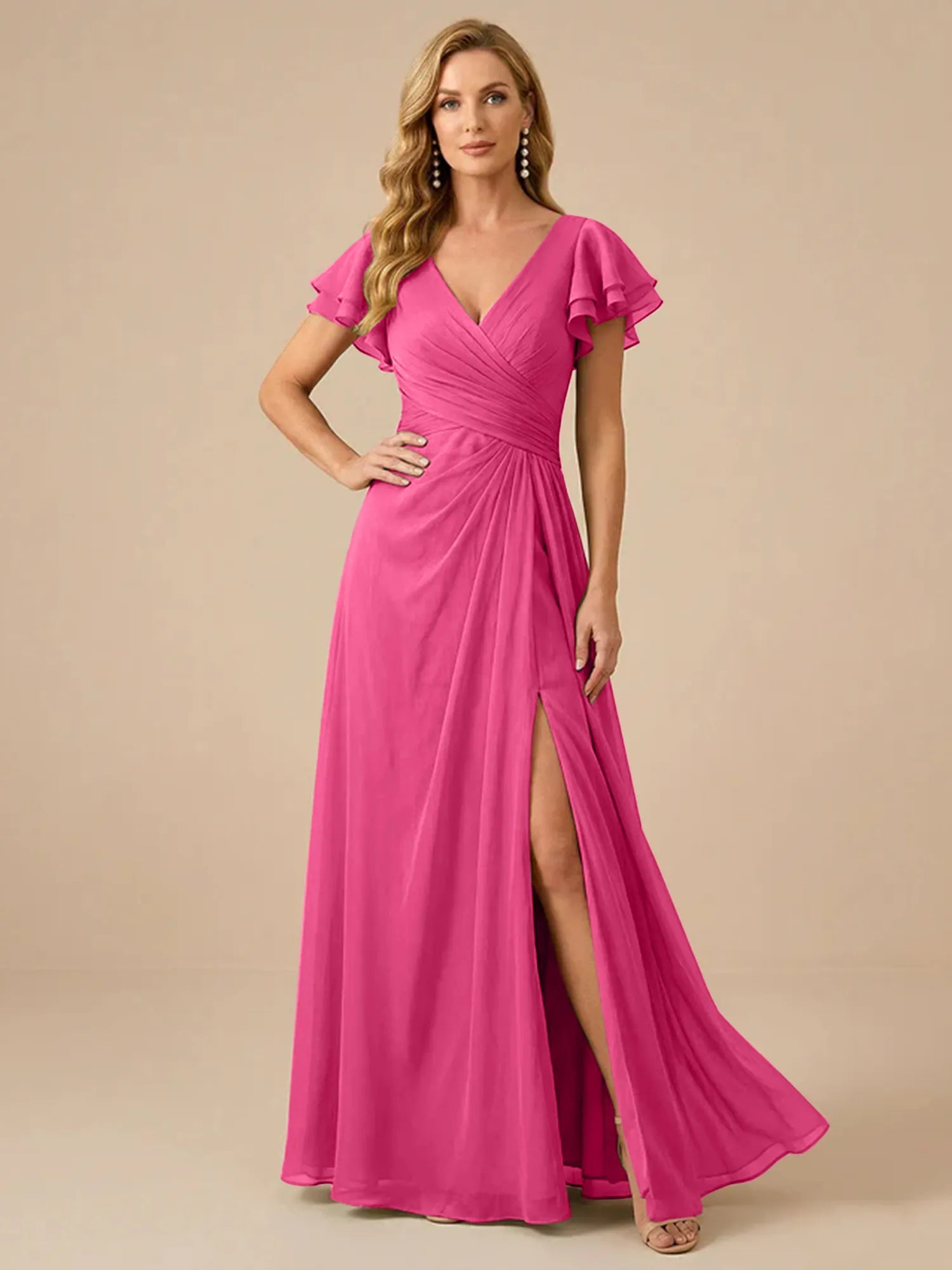 Sage Green V-Neck High-Slit Pleated Chiffon Dress