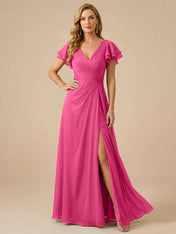 Sage Green V-Neck High-Slit Pleated Chiffon Dress
