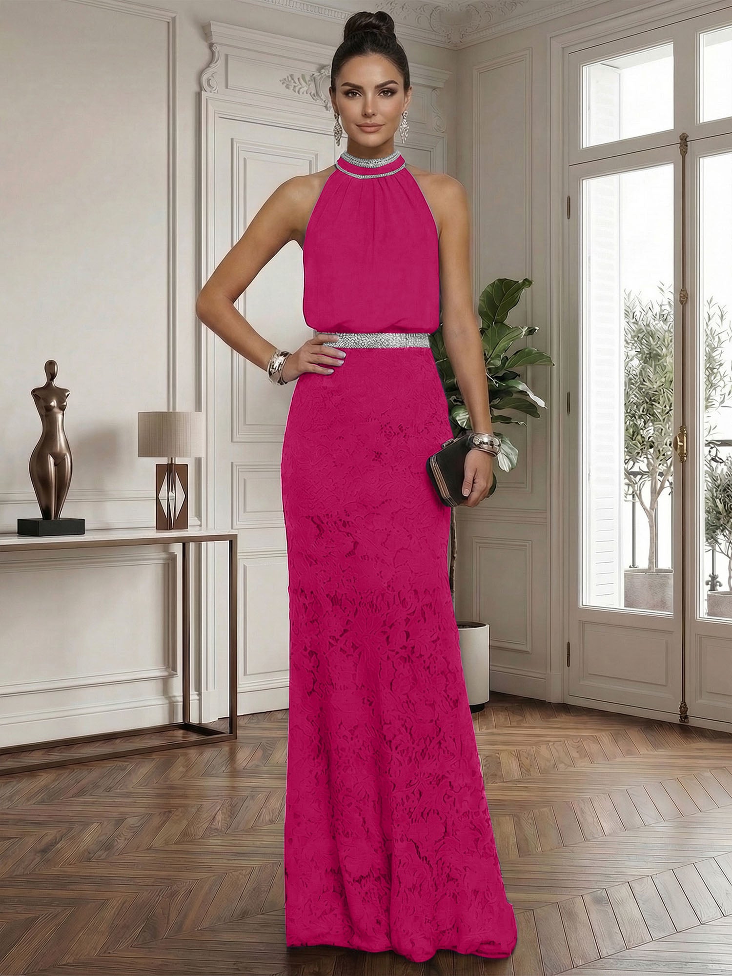 Purplish Rhinestone Ruched Lace Halter Sleeveless Mermaid Gown Dress