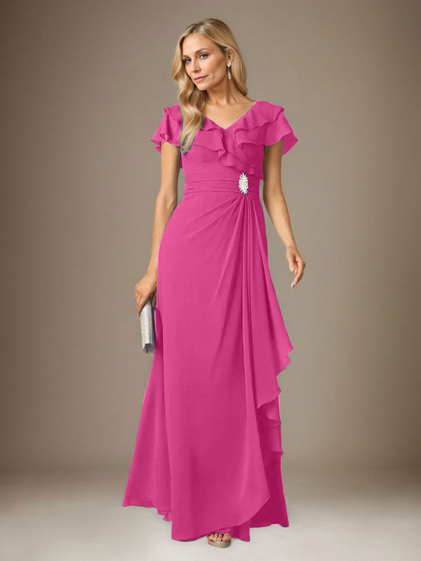 Stormy A-Line V-Neck Ruched Chiffon Dress